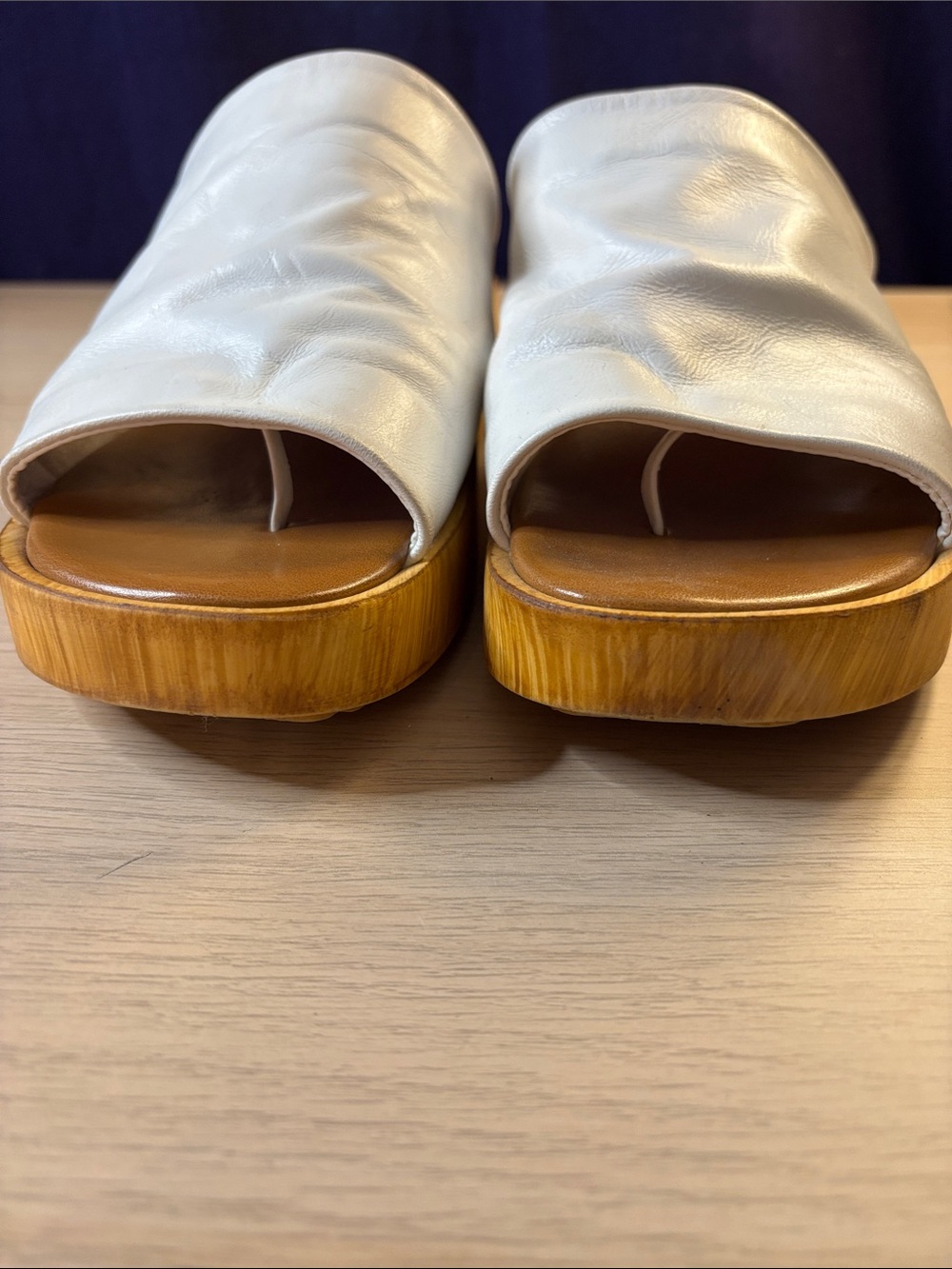 L'INTERVALLE White Leather Slide Mules with Wood-Effect Platform Made in Italy - Picture 4 of 7